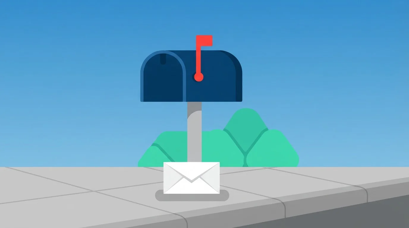 Briefkasten mit hochgeklappter Fahne und einem verschlossenen Briefumschlag