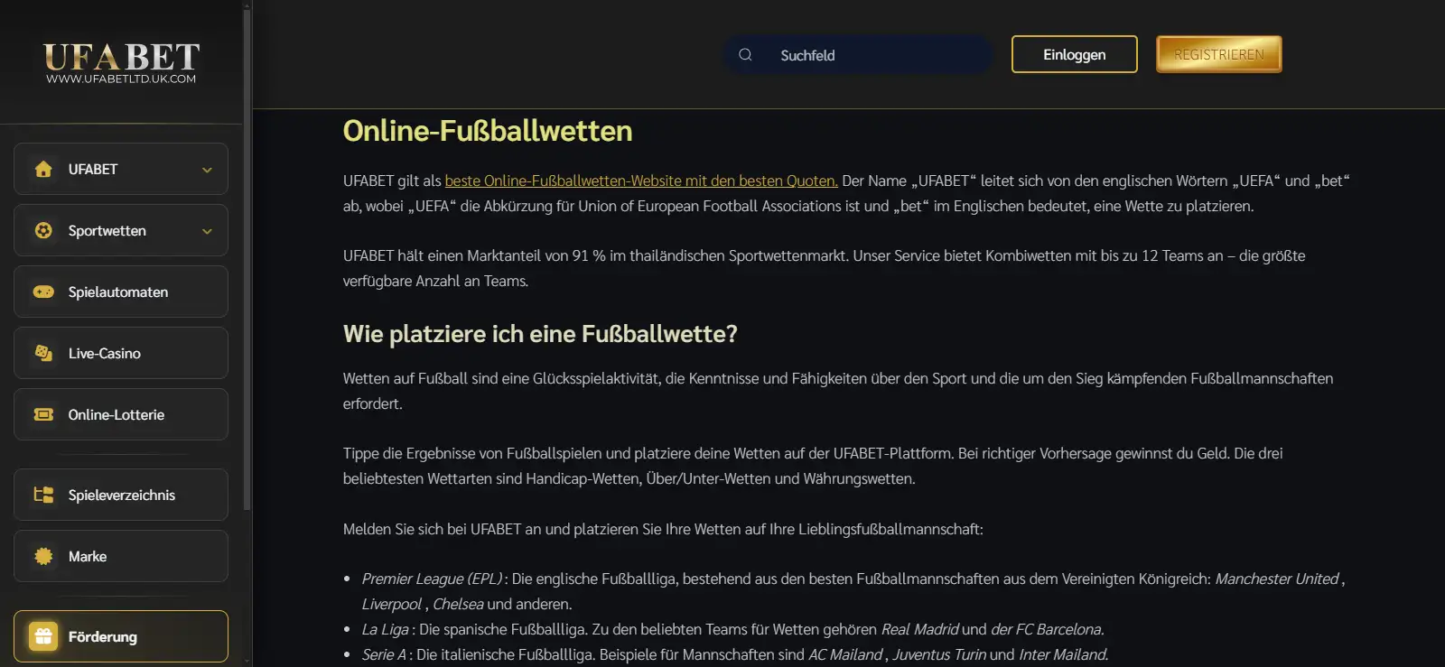 Fußballbereich von UFABET mit Ligen und auswählbaren Wettmärkten