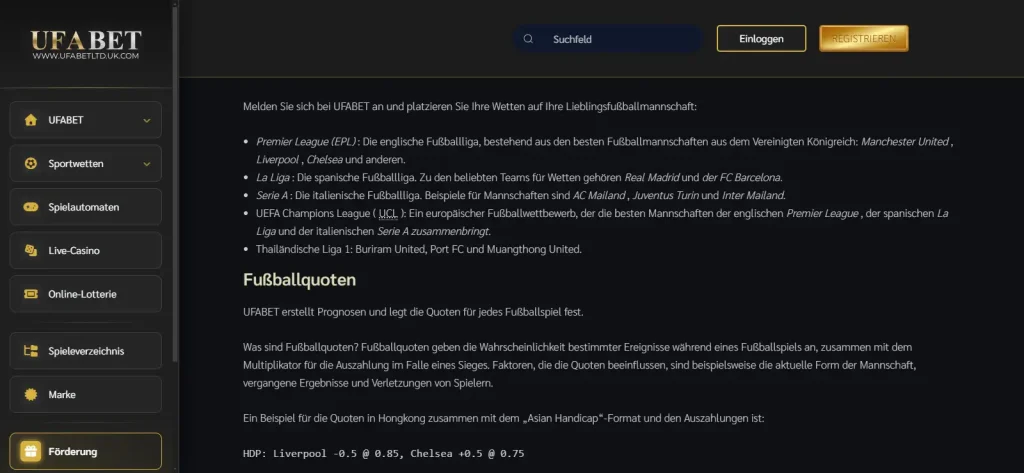 Live-Fußballbereich von UFABET mit laufendem Spiel und Quoten